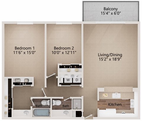 Floor plan for 2 beds, 2 baths, 1026 sqft
